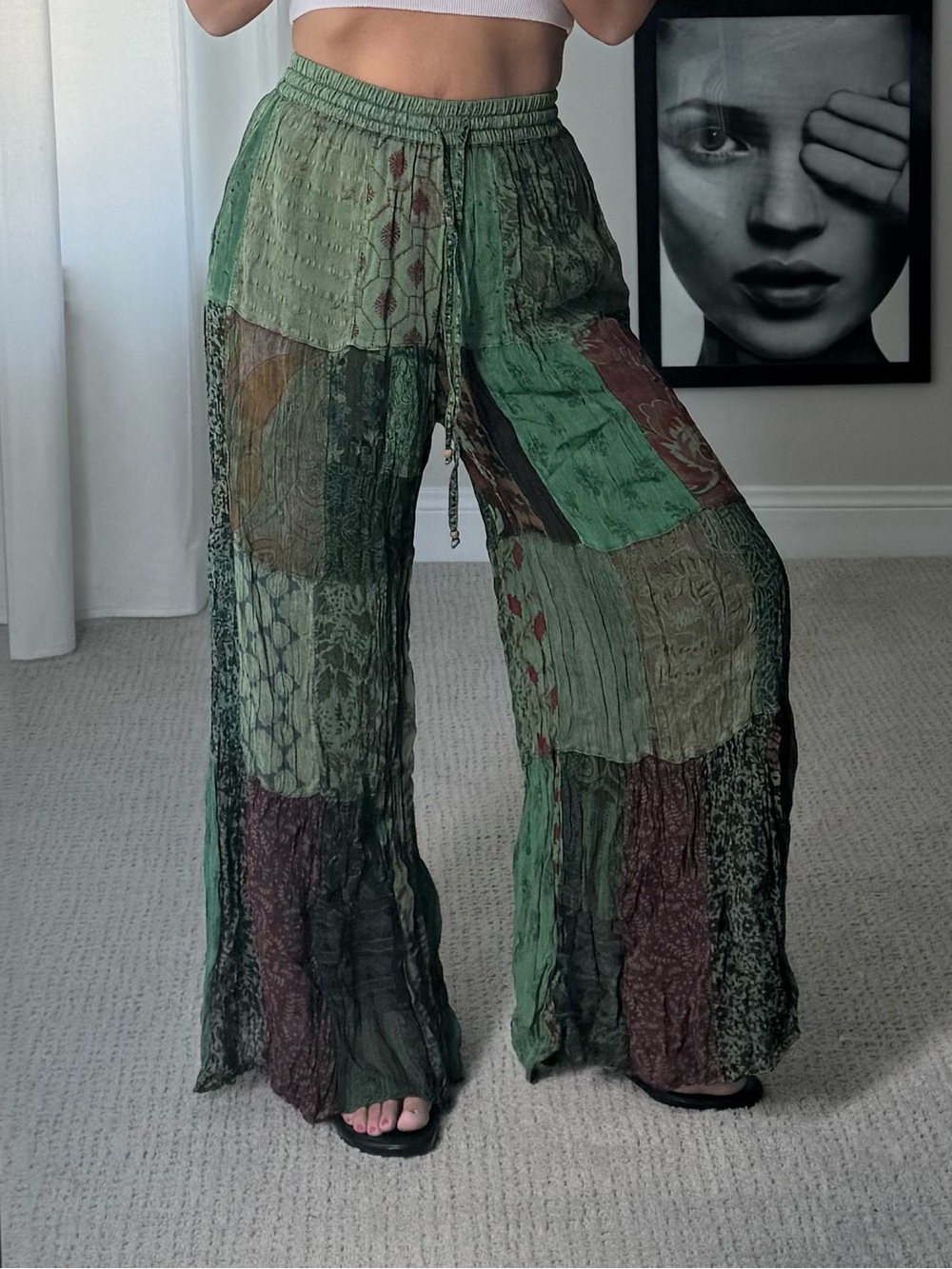 Vintage Boho Green Patchwork Wide-Leg Gaucho Pants